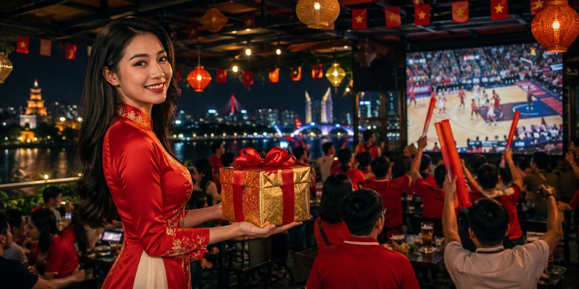 Người phụ nữ mặc áo dài tại Hà Nội theo dõi cá cược bóng rổ và kiểm tra tiền thưởng tài khoản